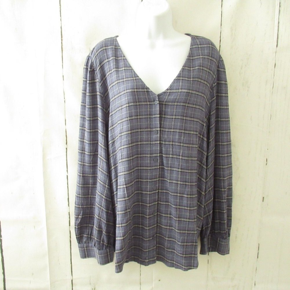 New Market & Melrose Top 2X Blue Plaid Long Sleeve Button Up Plus Size Soft Cozy